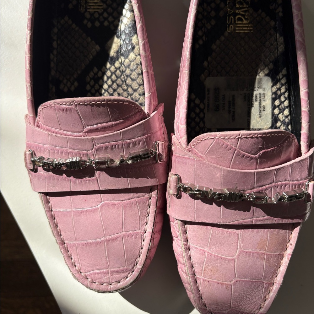 Cavalli Class Crocodile Embossed Loafers with Silver Chain Detail.